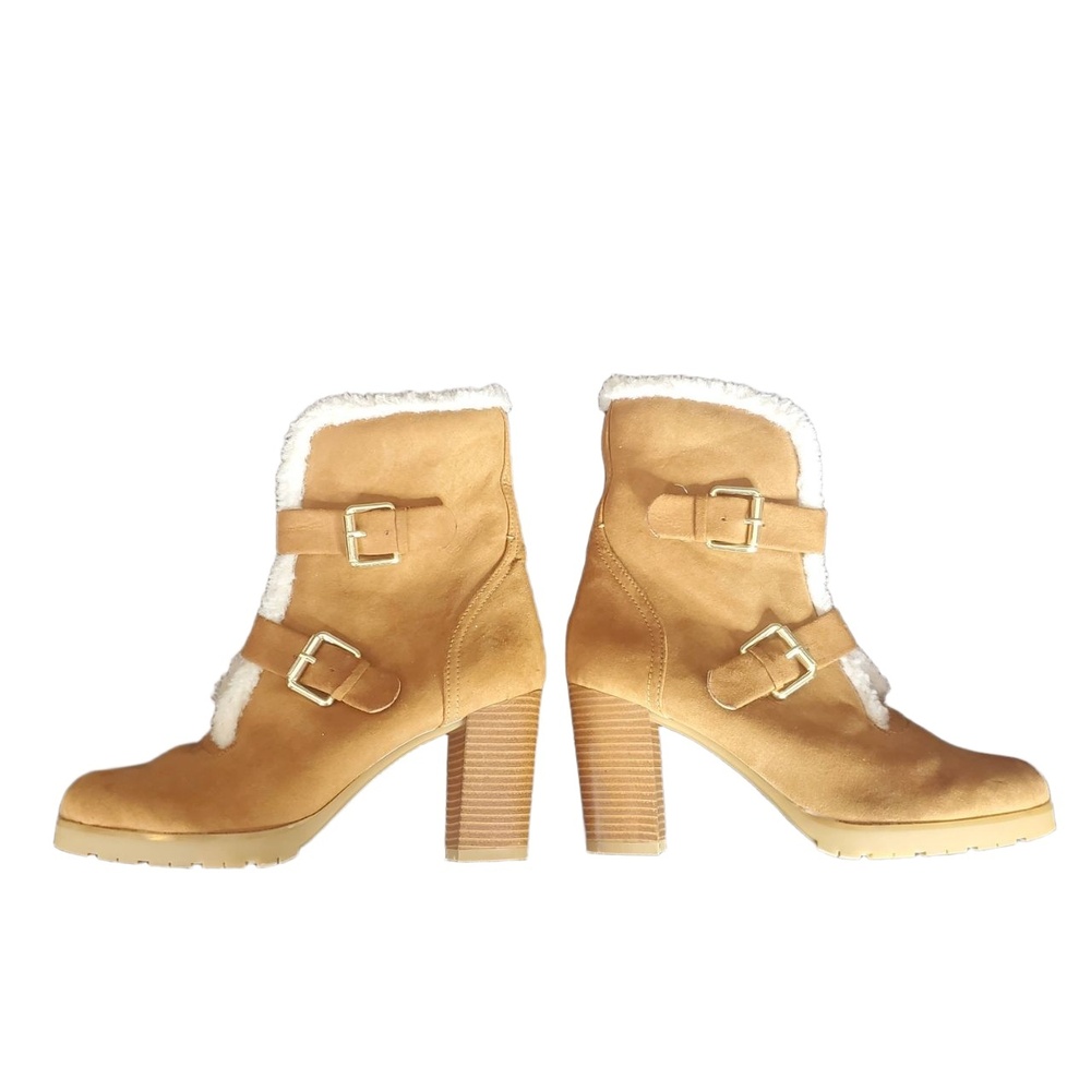 12 Thompson Tania Faux Shearling Multi Strap Buckle Chunky Heel Boots Tan 9 - Picture 4 of 14